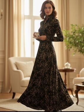 Elegant Couture Black Wool and Gold Embossed Embroidery Dress 1930’s-1940’s EUC